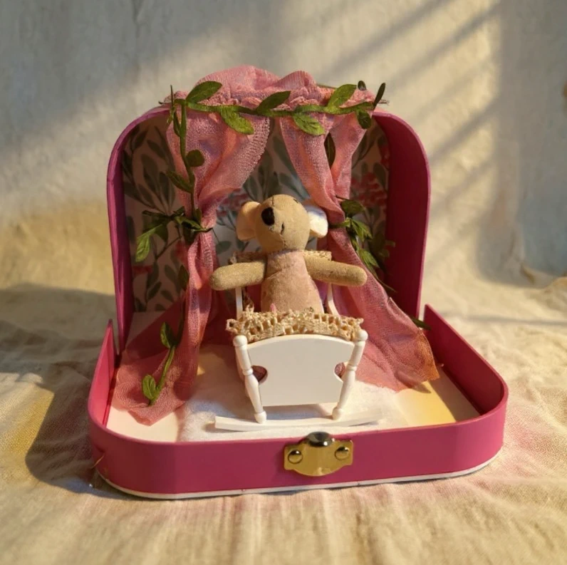 Maileg Mouse inspired baby girl cradle in a Nursey Scene in a Suitcase