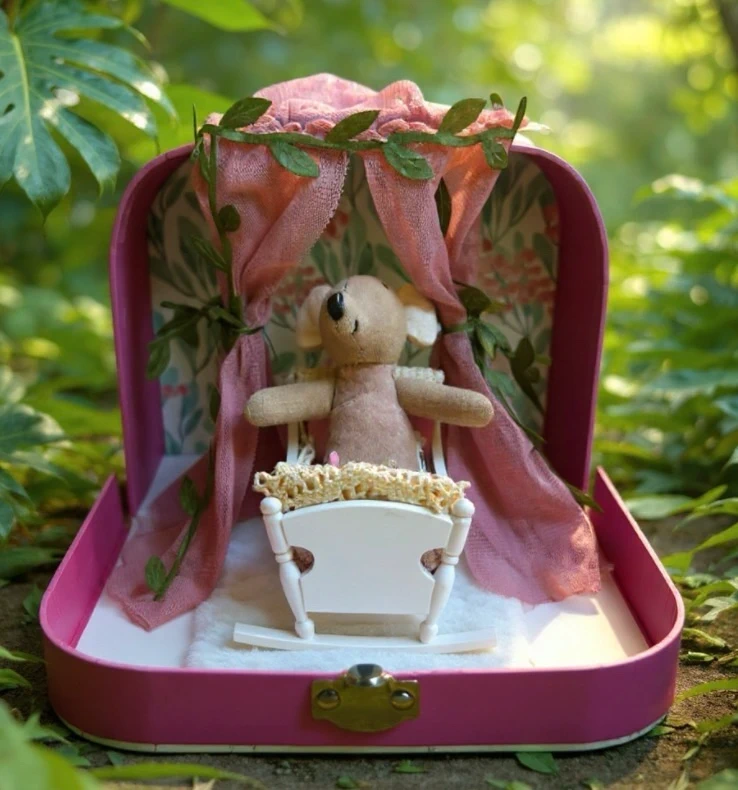 Maileg Mouse inspired baby girl cradle in a Nursey Scene in a Suitcase — photo 2