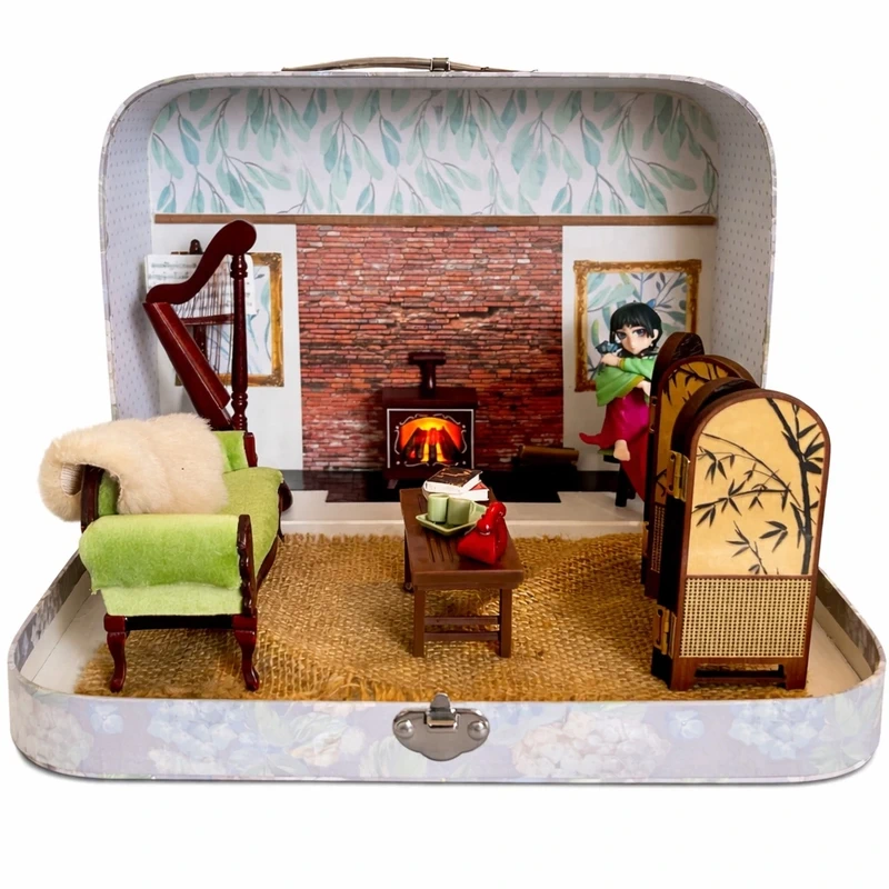Traditional Oriental Style Music Room Scene in a Suitcase for Anime Doll or Maileg Mouse